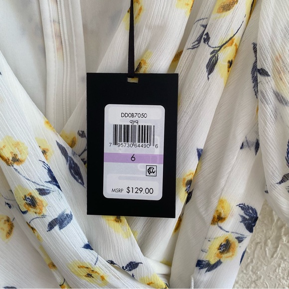 New DKNY Dress 6 White Yellow Floral V-neck Wrap Chiffon Midi Lined NWT $129 - Picture 4 of 10